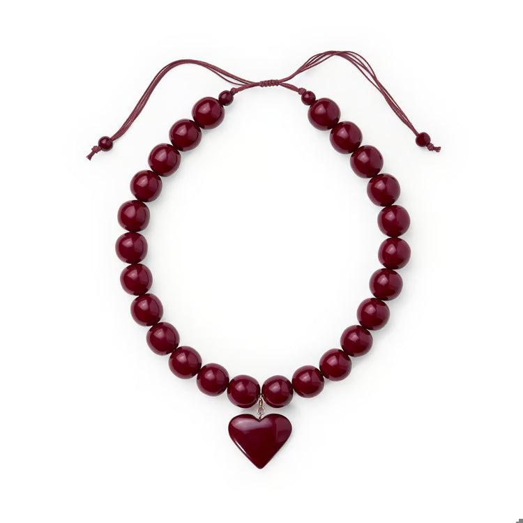 Burgundy Emery Large Adjustable Beaded Heart Resin Necklace