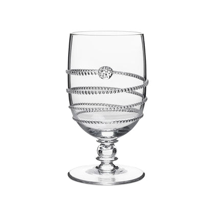 Clear glass with decorative swirl wrapping the body of the glass on a white background
