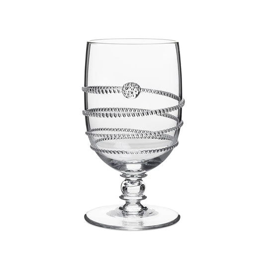 Clear glass with decorative swirl wrapping the body of the glass on a white background