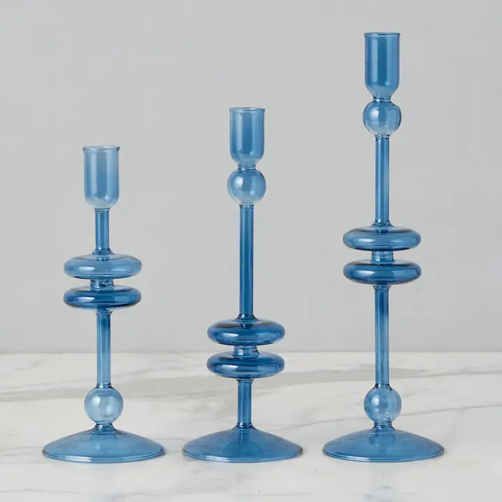 Glass Pair of Sapphire Blue Candlesticks