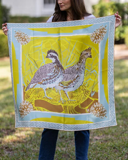LG Chartreuse Quail Pair Double-Sided Silk Scarf