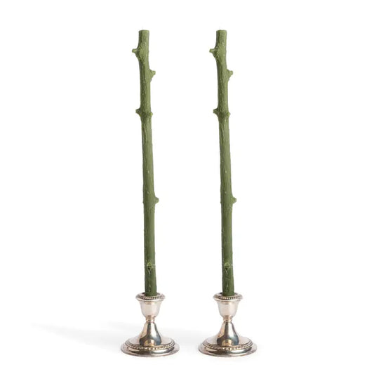 Two green twig candle holders with silver bases on a white background