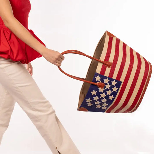 American Flag Small Straw Tote