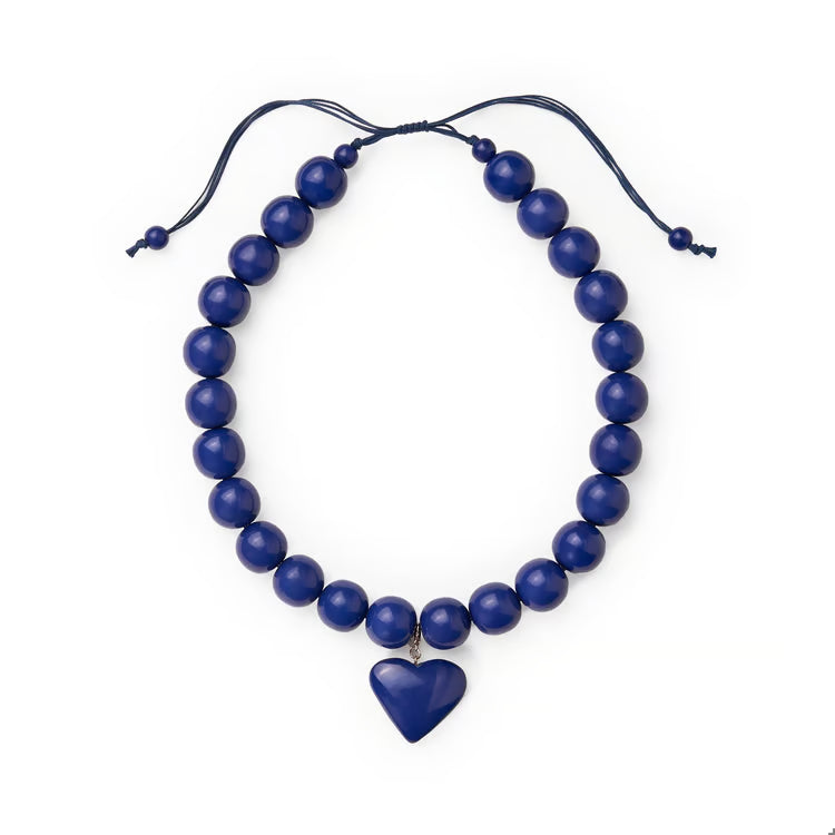 Navy Blue Emery Large Adjustable Beaded Heart Resin Necklace