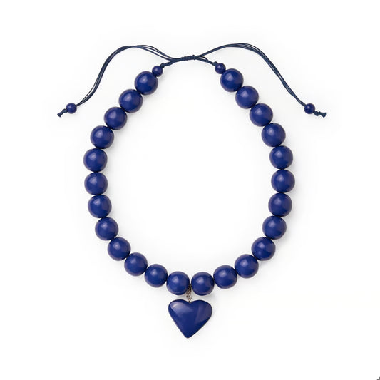 Navy Blue Emery Large Adjustable Beaded Heart Resin Necklace