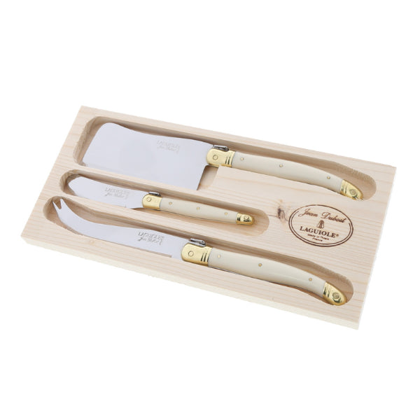 Set of three cheese knives with wooden handles in a box, featuring the Laguiole brand.