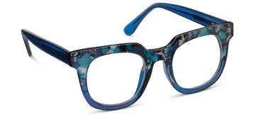 Patchy blue tortoise-patterned eyeglasses on a white background