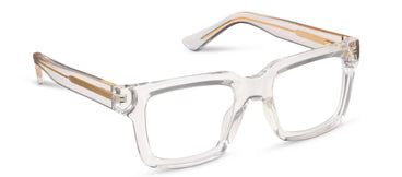 Clear eyeglasses with gold accents on a white background
