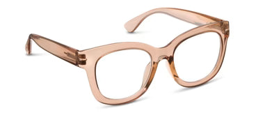 Transparent, blush-pink eyeglasses on a white background