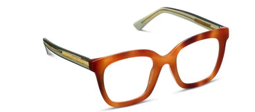 Brown frame eyeglasses with green accent temples on a white background