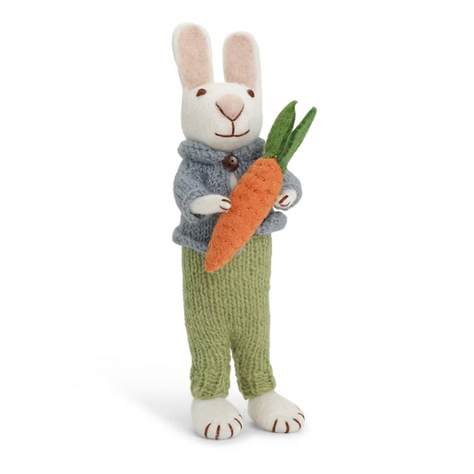 White Bunny with Blue Jacket, Green Pants, and Carrot