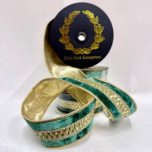 John Mark Enterprises Green Velvet Jeweled Center Trim DBL Fused 1.5"