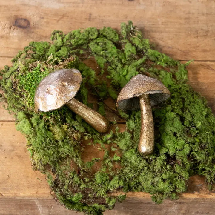 Arial view of two decorative brushed gold mushrooms on a bed of green moss against a wooden background