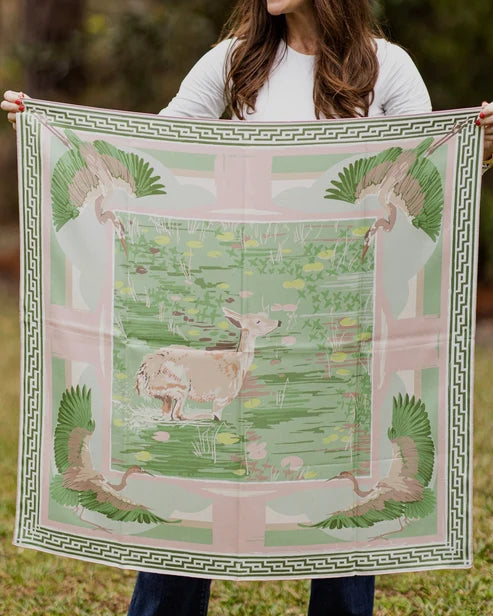 LG Green Pink Lily Pad Doe Double-Sided Silk Scarf