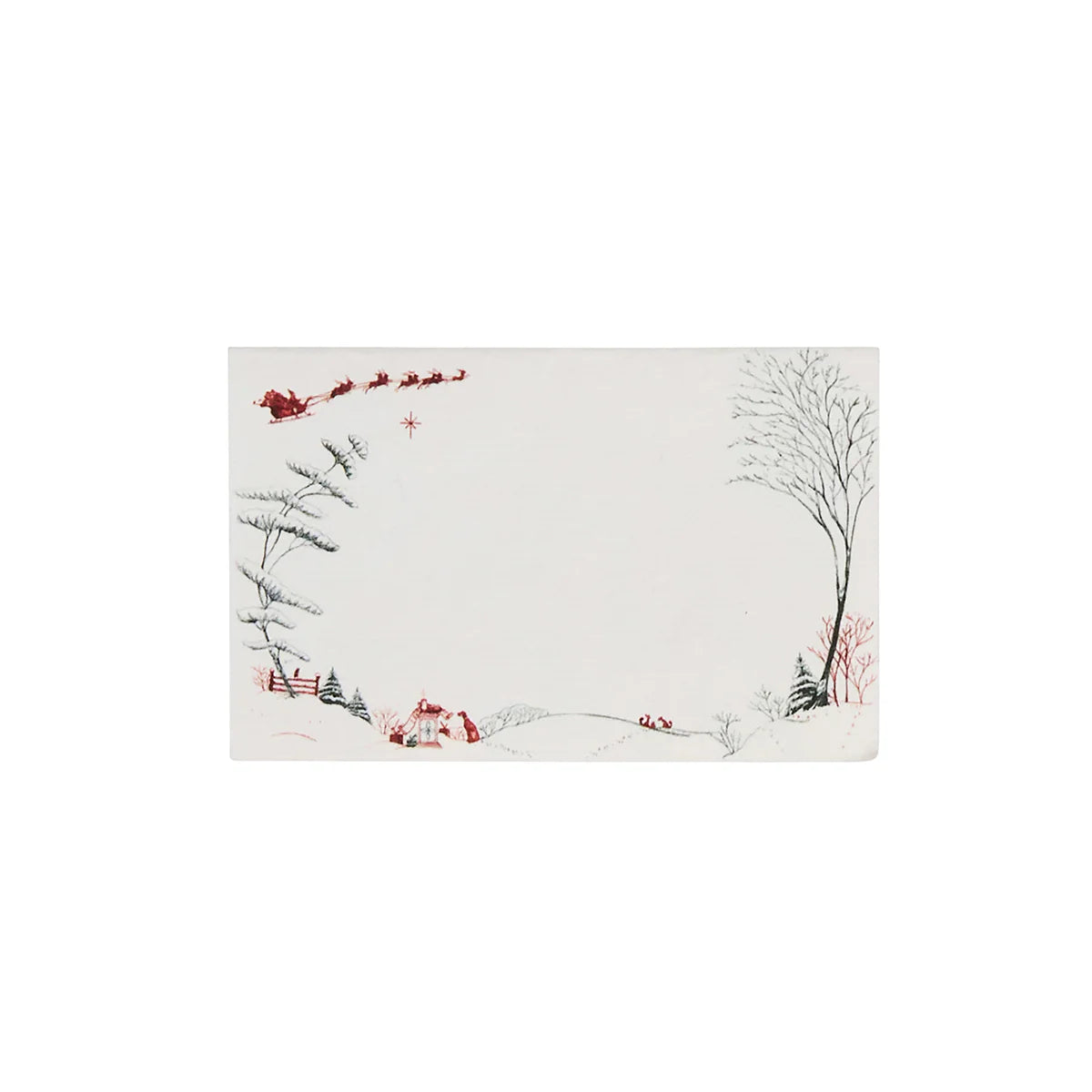 Decorative place cards with an evergreen winter scene with Santa Claus and reindeer on a white background