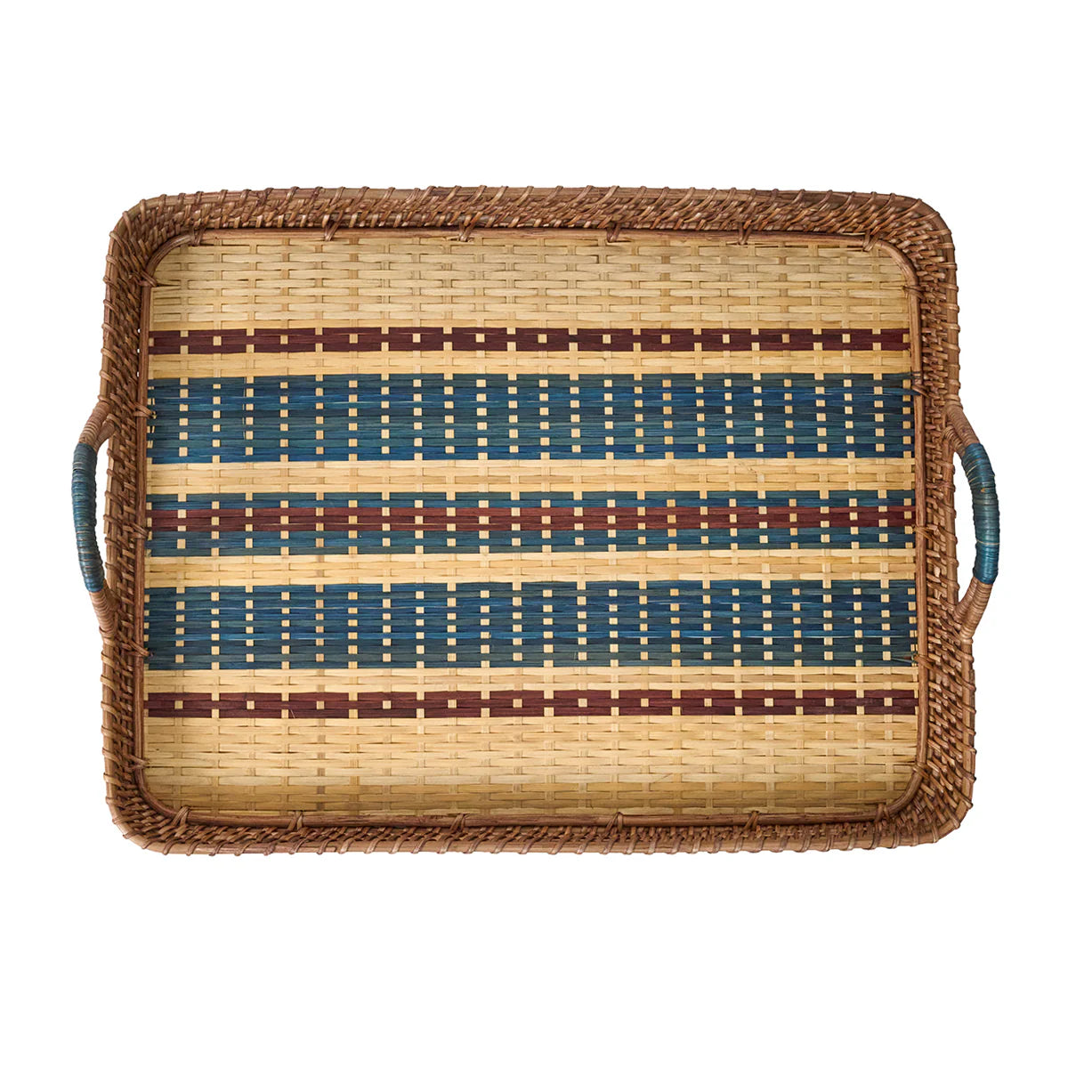 Light, woven tray with decorative dark brown and navy woven pattern on a white background