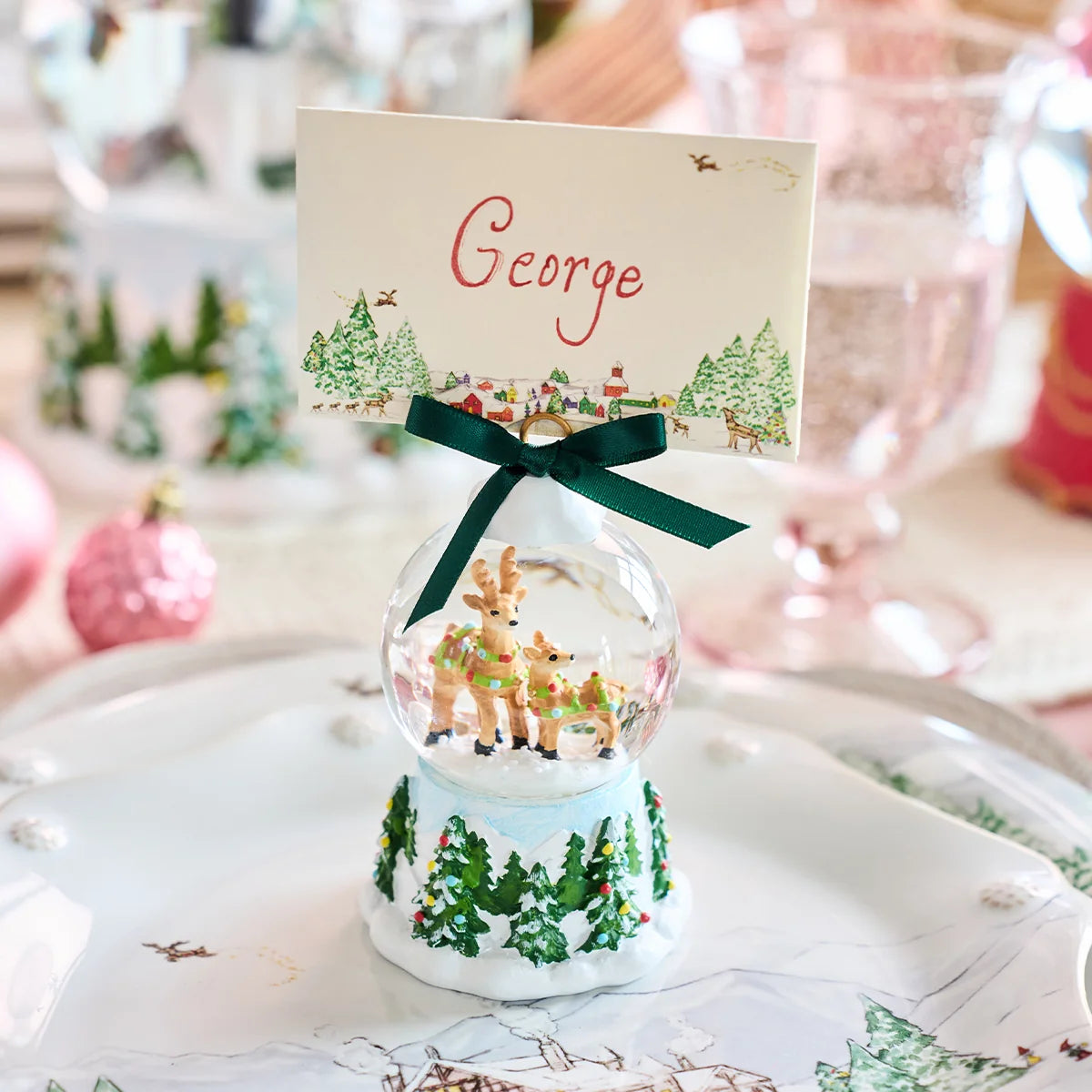 Juliska Berry & Thread North Pole Reindeer Snow Globe Place Card Holder