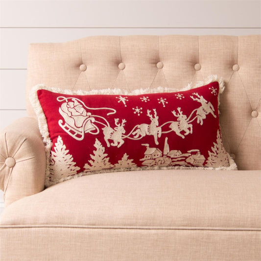 Embroidered Santa Sleigh Lumbar Pillow