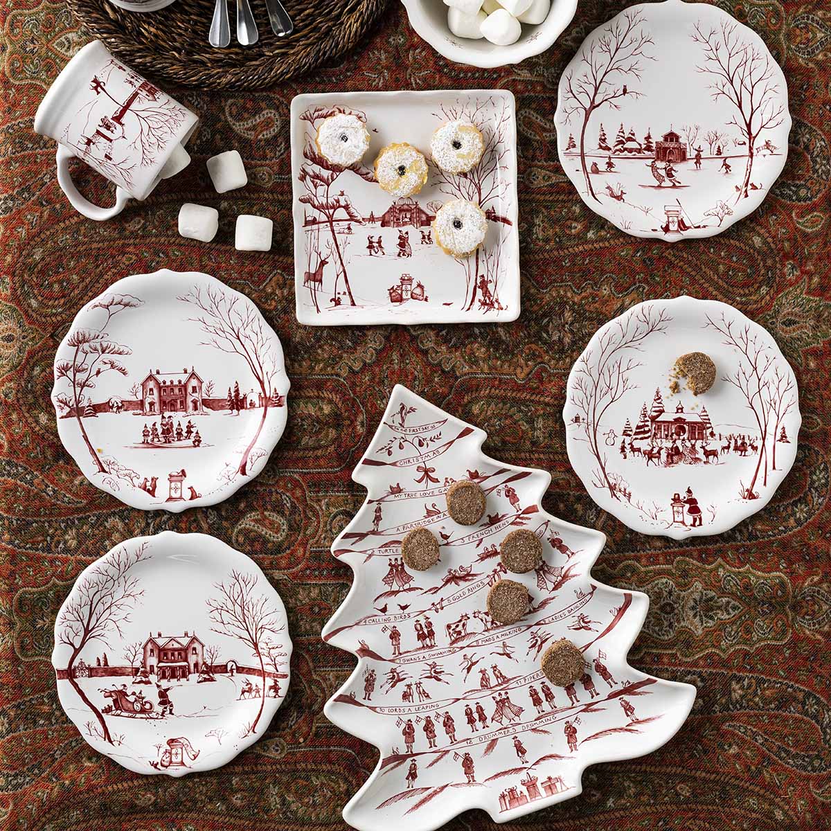 Country Estate Winter Frolic Ruby Mr. & Mrs. Clause Plates, Set of 4 | Juliska