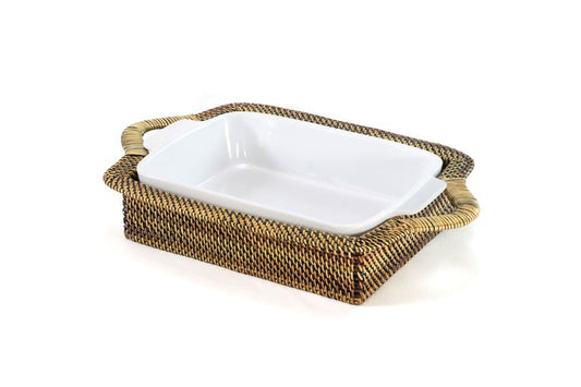 Rattan Rectangular Tray & Stoneware 3 Qt Baker