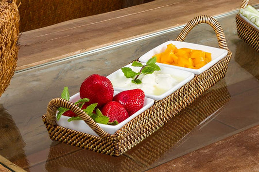 Rattan Rectangular Server with 3 Stoneware Inserts