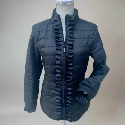 Black Carrie Ruffled Ribbon Puffer Jacket