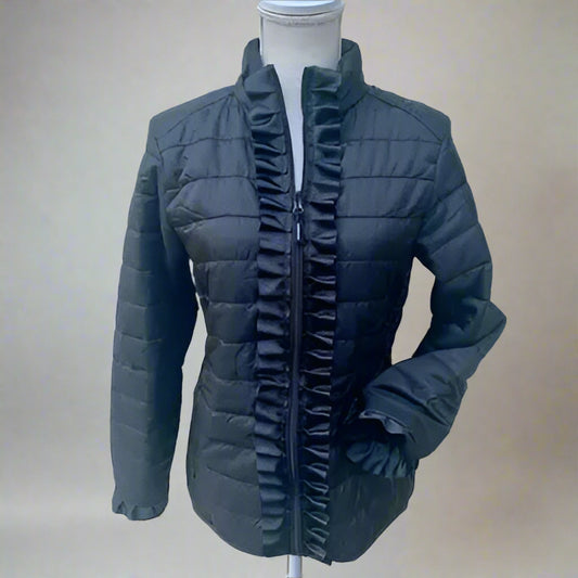 Black Carrie Ruffled Ribbon Puffer Jacket