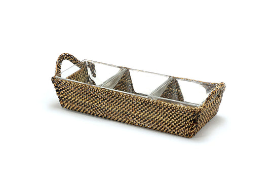 Rattan Rectangular Server With 3 Glass Inserts