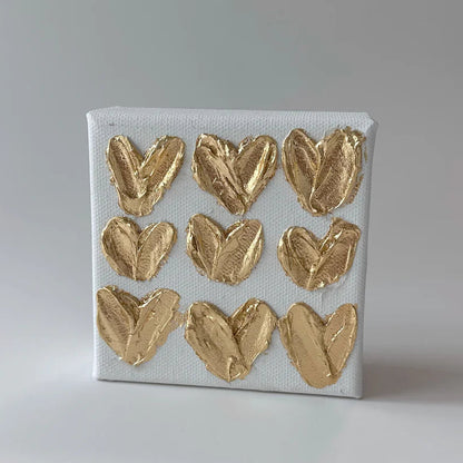 6 x 6 Nine Gold Painted Hearts Canvas