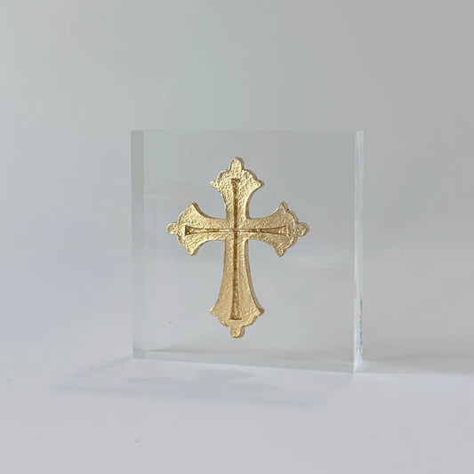 4 x 4 Gold Cross Intaglio Acrylic Block