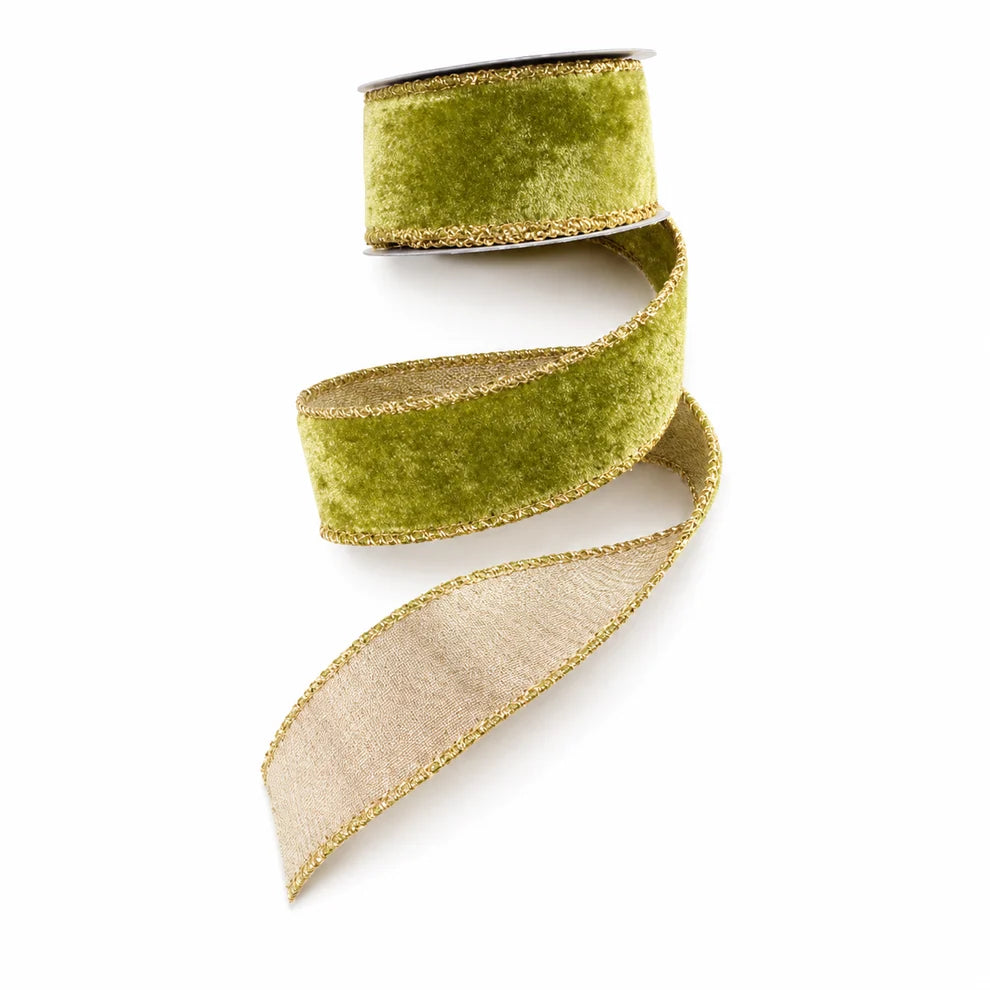 John Mark Enterprises Velvet Metallic Dupion DBL Fused Tinsel Edge Apple 2.5" Ribbon