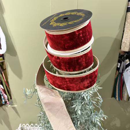 John Mark Enterprises Red Velvet DBL Fused Metallic Dupion Gold Piping 2.5" Ribbon
