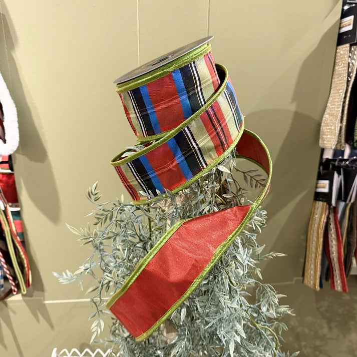 John Mark Enterprises Stripe Metallic Dupion Red/Green Metallic Piping 2.5" Ribbon