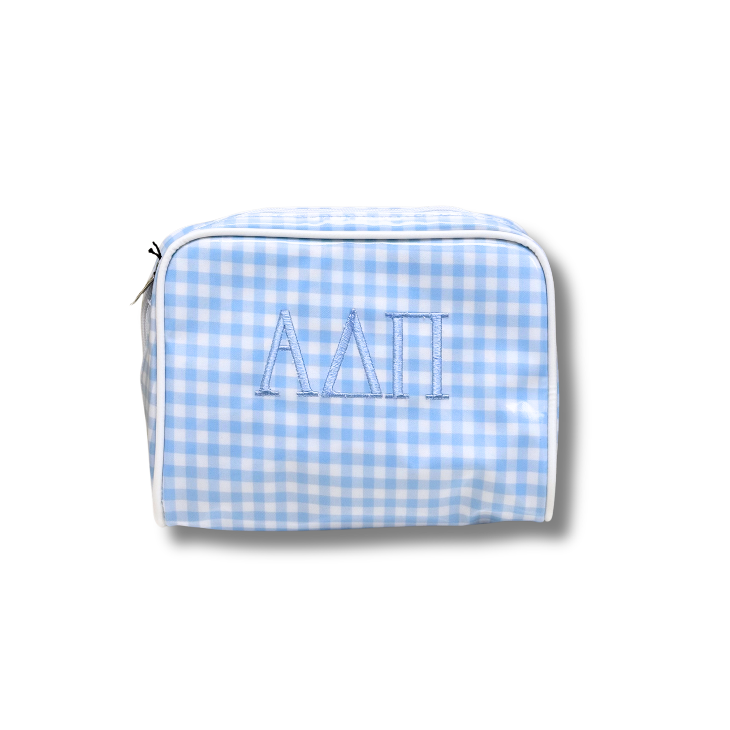 Alpha Delta Pi Embroidered Blue Gingham Toiletry Bag