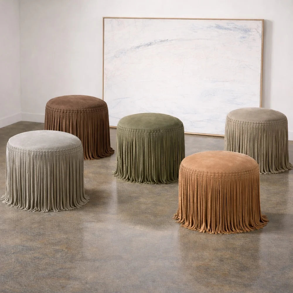 Stone Grey Suede Pouf with Fringe