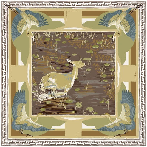 LG Brown Lily Pad Doe Double-Sided Silk Scarf