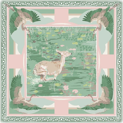 LG Green Pink Lily Pad Doe Double-Sided Silk Scarf