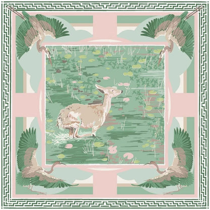 LG Green Pink Lily Pad Doe Double-Sided Silk Scarf