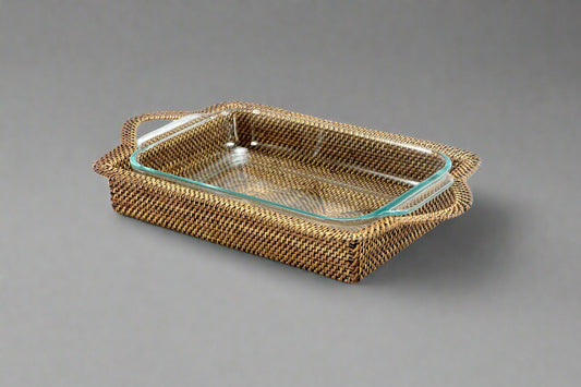 Rattan Rectangular Tray & Pyrex 2 Qt Baker