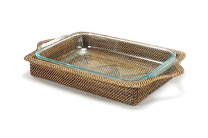 Rattan Rectangular Tray & Pyrex 3 Qt Baker, Calaisio