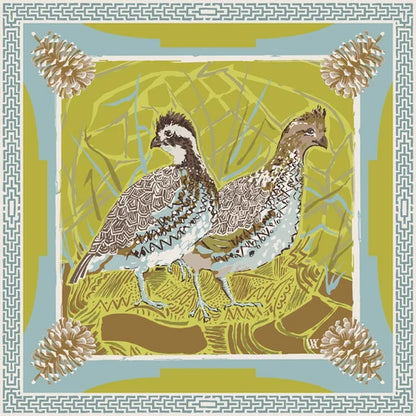 LG Chartreuse Quail Pair Double-Sided Silk Scarf