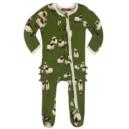 6-9M Valais Sheep Bamboo Ruffle Zipper Footed Romper Milkbarn