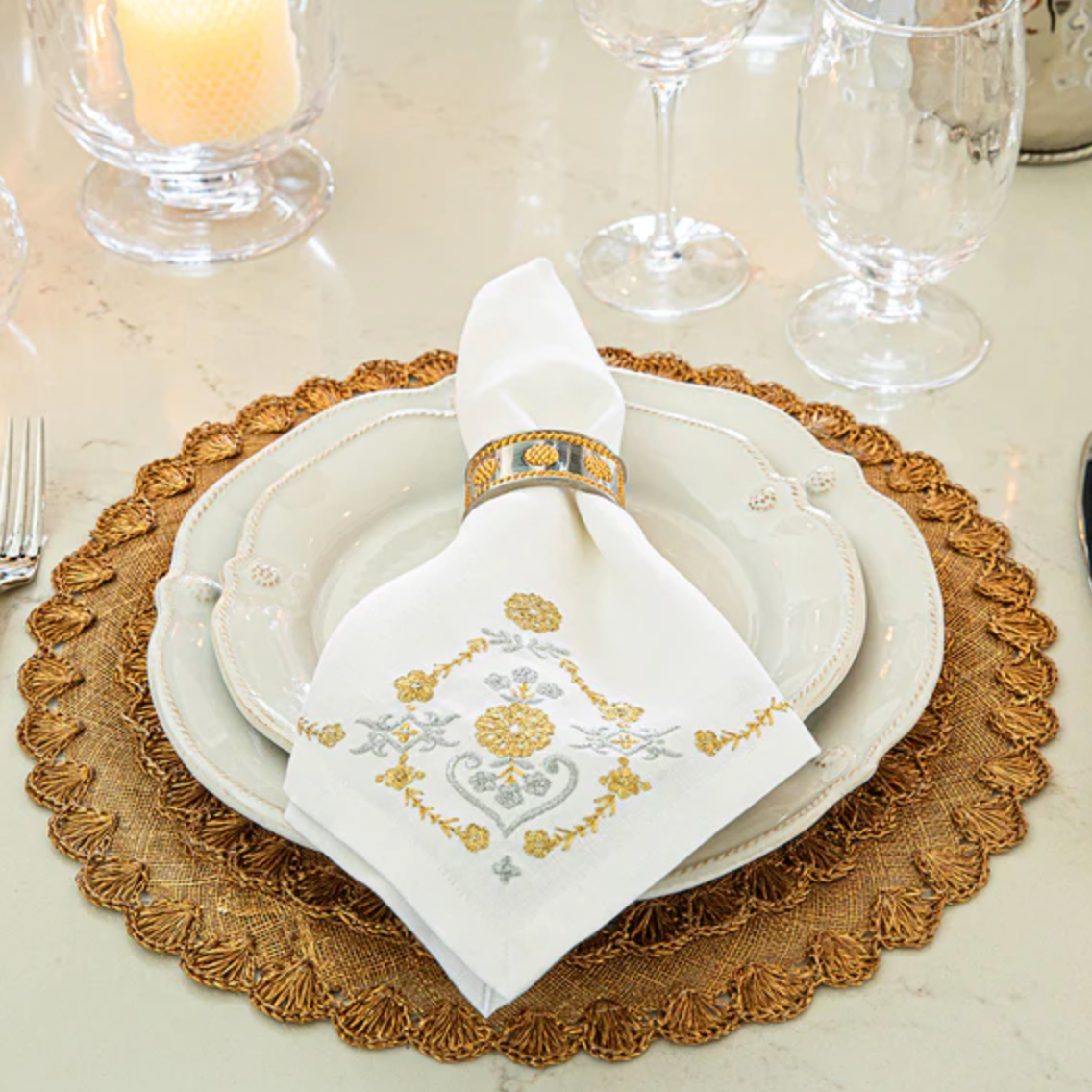 Juliska Heidi Metallic Gold & Silver Embroidered Napkins (Set of 4)