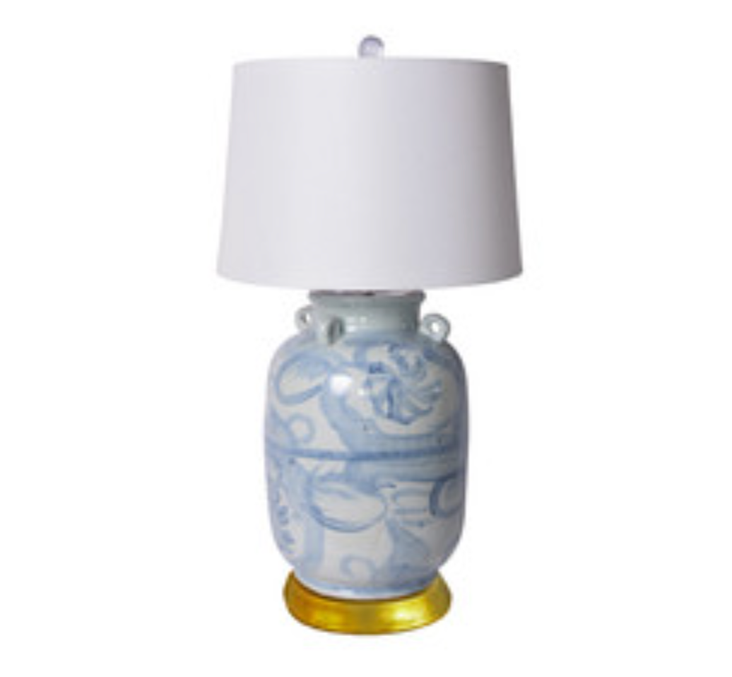 Blue & White Four Loop Handle Jar Twisted Flower Lamp Gold Base