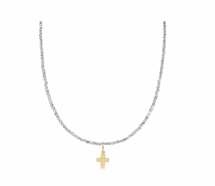 enewton 17" Choker Bright Silver Faceted Hematite 2mm Bead Signature Cross Gold Charm