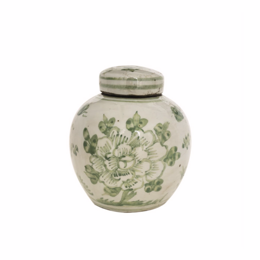 Green & White Porcelain Mini Jar Peony Motif