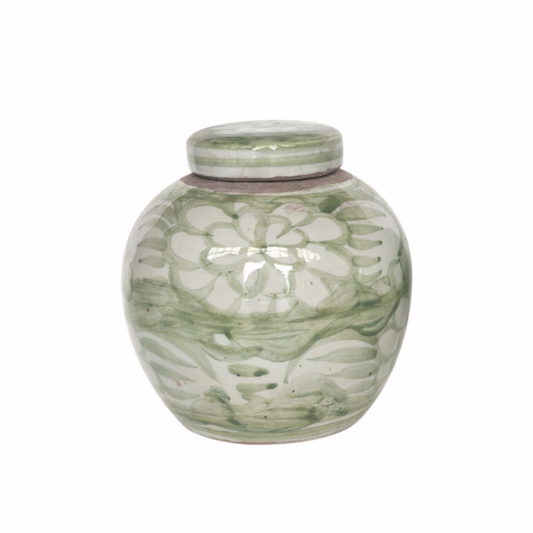 Green & White Porcelain Mini Jar Sea Flower Motif