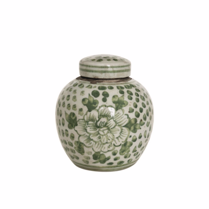 Green & White Porcelain Mini Jar Peony Dots Motif