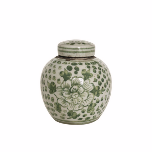 Green & White Porcelain Mini Jar Peony Dots Motif