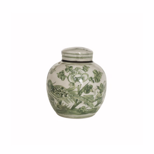 Green & White Porcelain Mini Jar Pheasant Flower Motif